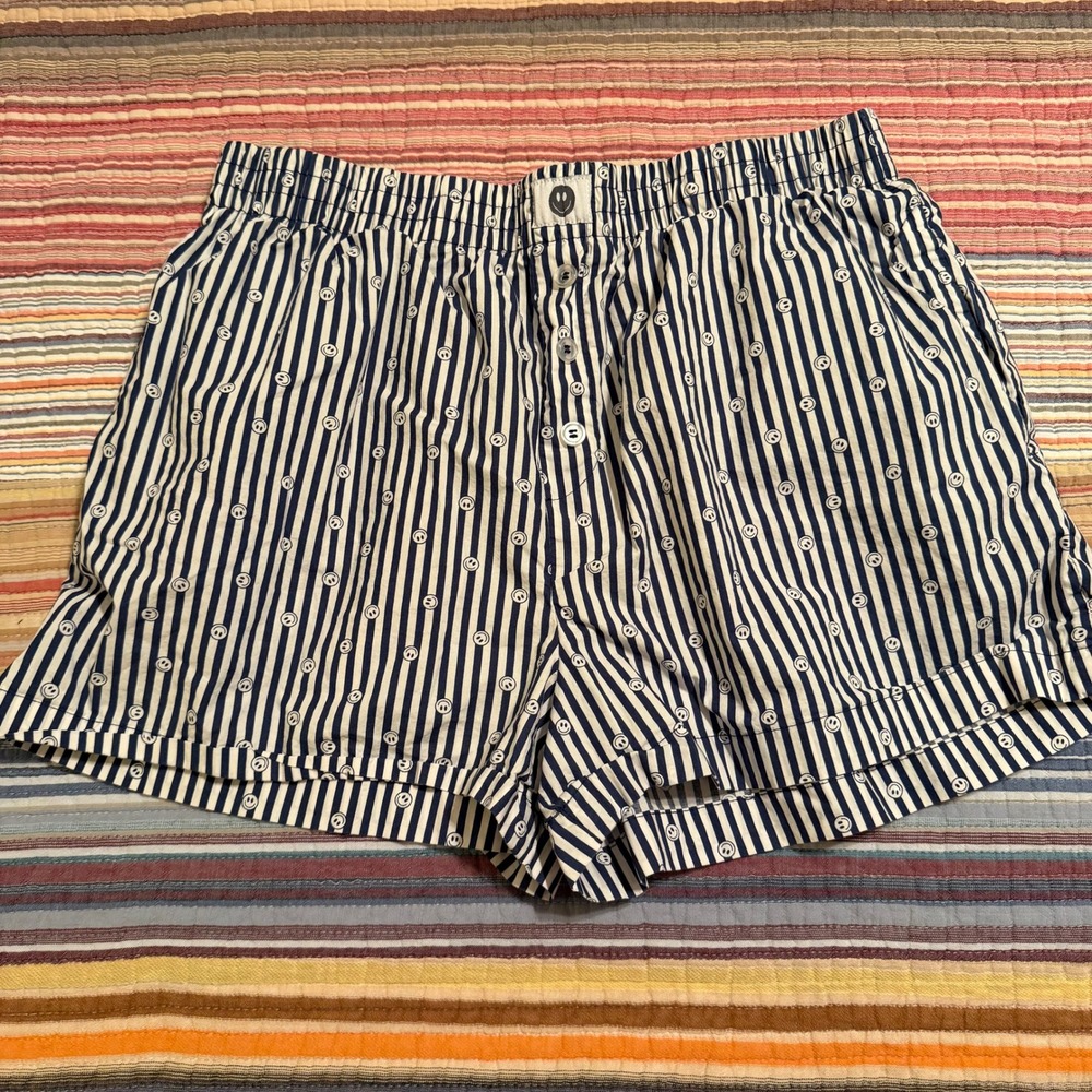 Happily Grey Navy White Striped Smiley Face Boxer‎ Shorts Women Large Loungewear